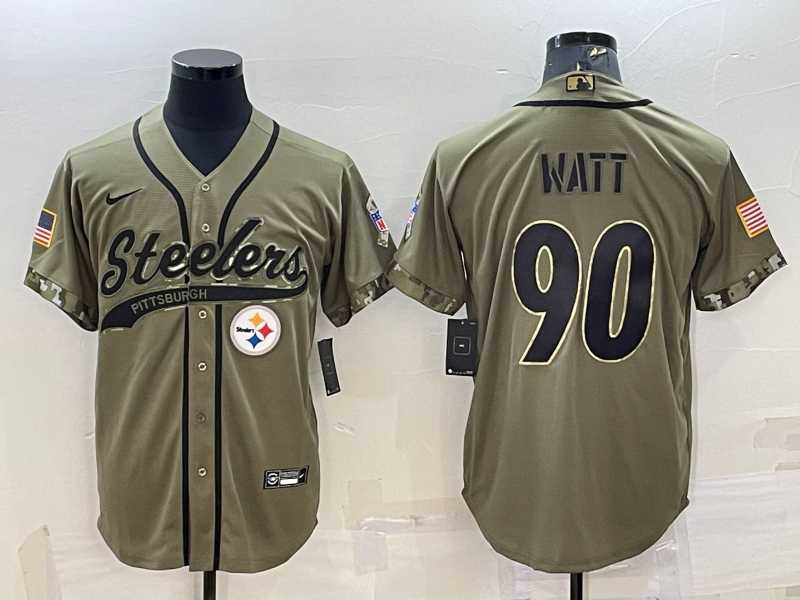 Mens Pittsburgh Steelers #90 TJ Watt Olive 2022 Salute to Service Cool Base Stitched Baseball Jersey